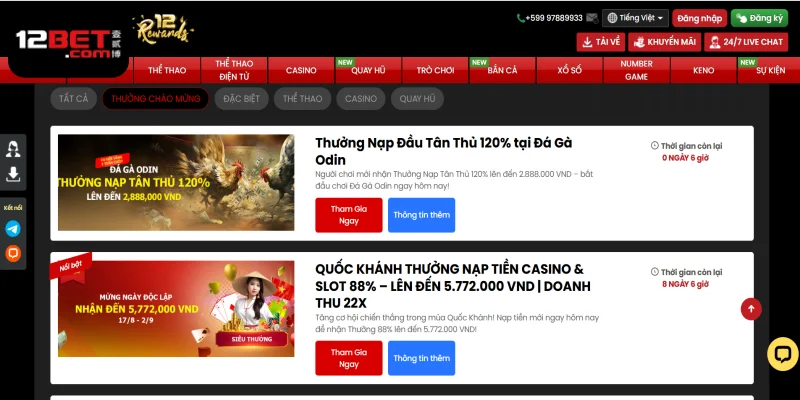 Khuyến mãi 12bet tặng 100K trải nghiệm miễn phí cho tân thủ